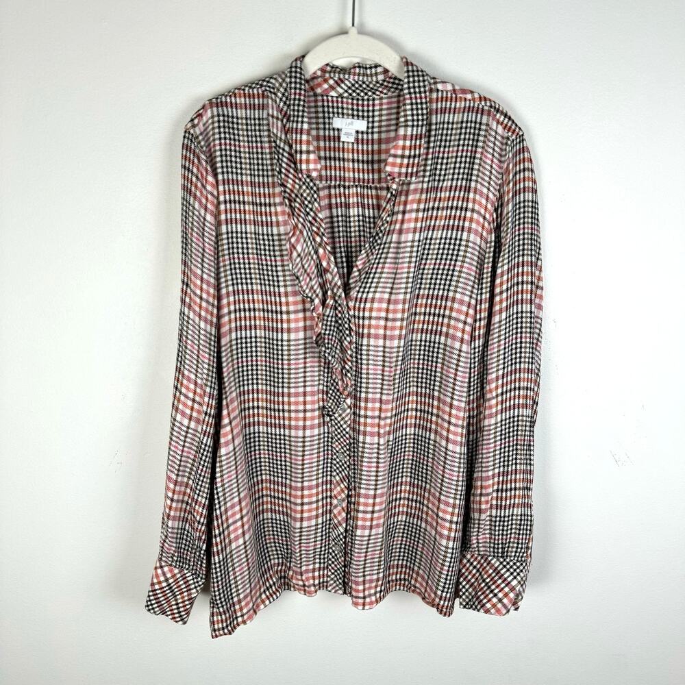 J Jill Size XL Glen Plaid Ruffle Button Front Rayon Blouse Flannel Pink Top